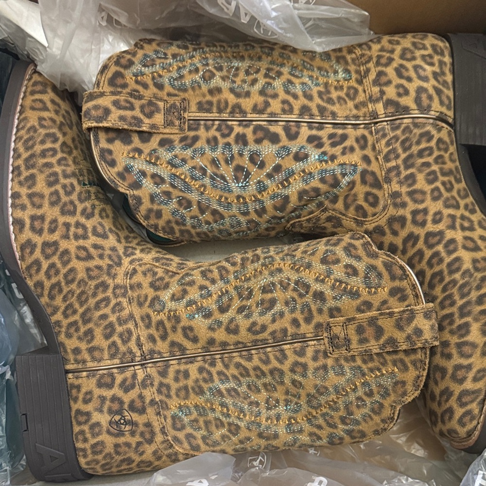 Ariat Kids Leopard Print Boots with Blue Accents